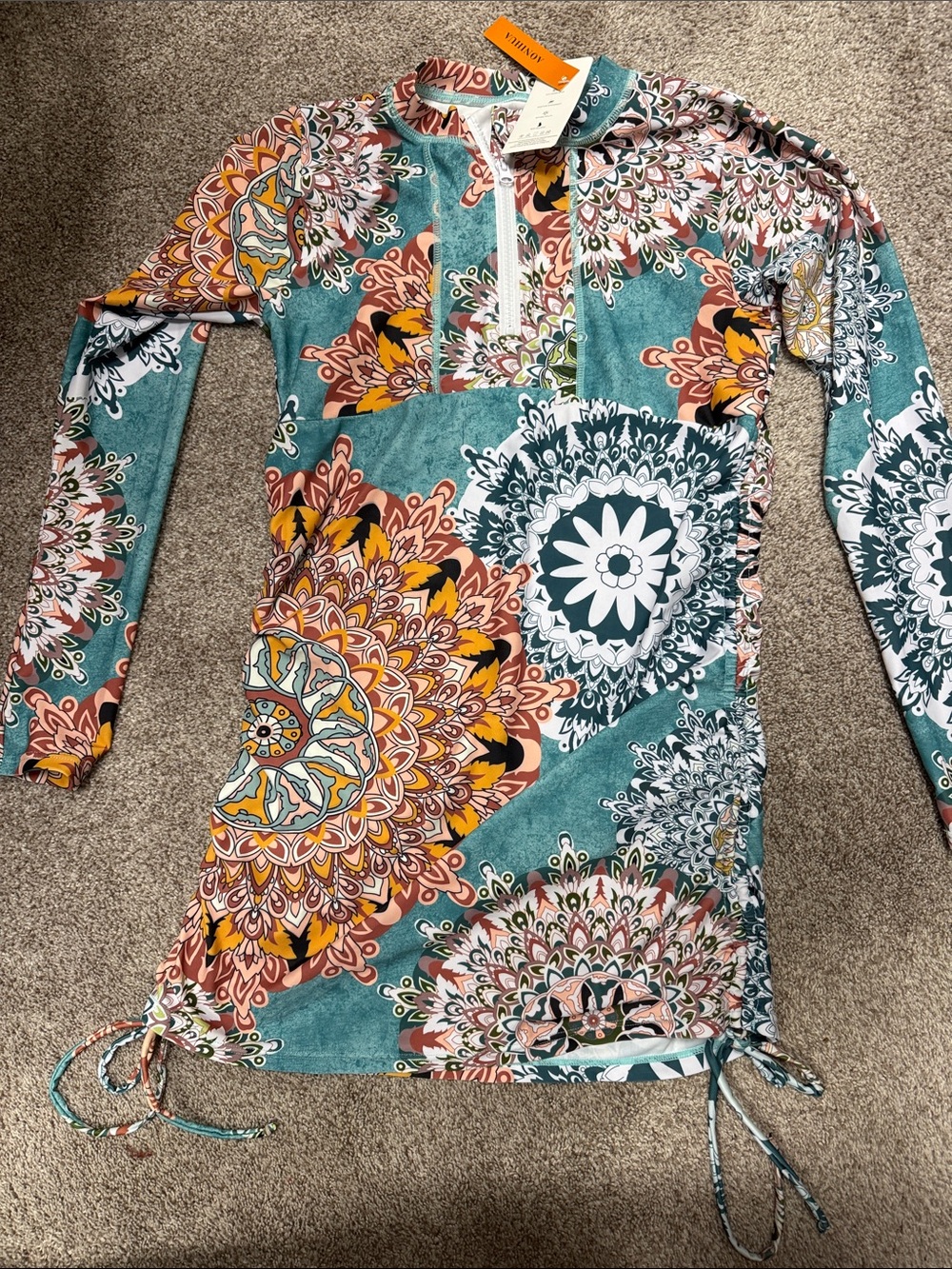 Boho Floral Zip-Neck Tunic Dress in Teal & Coral